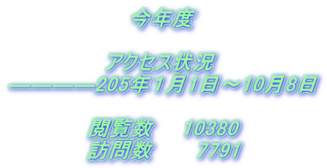 今年度 アクセス状況 ――――205年1月1日~10月8日 閲覧数 10380 訪問数 7791